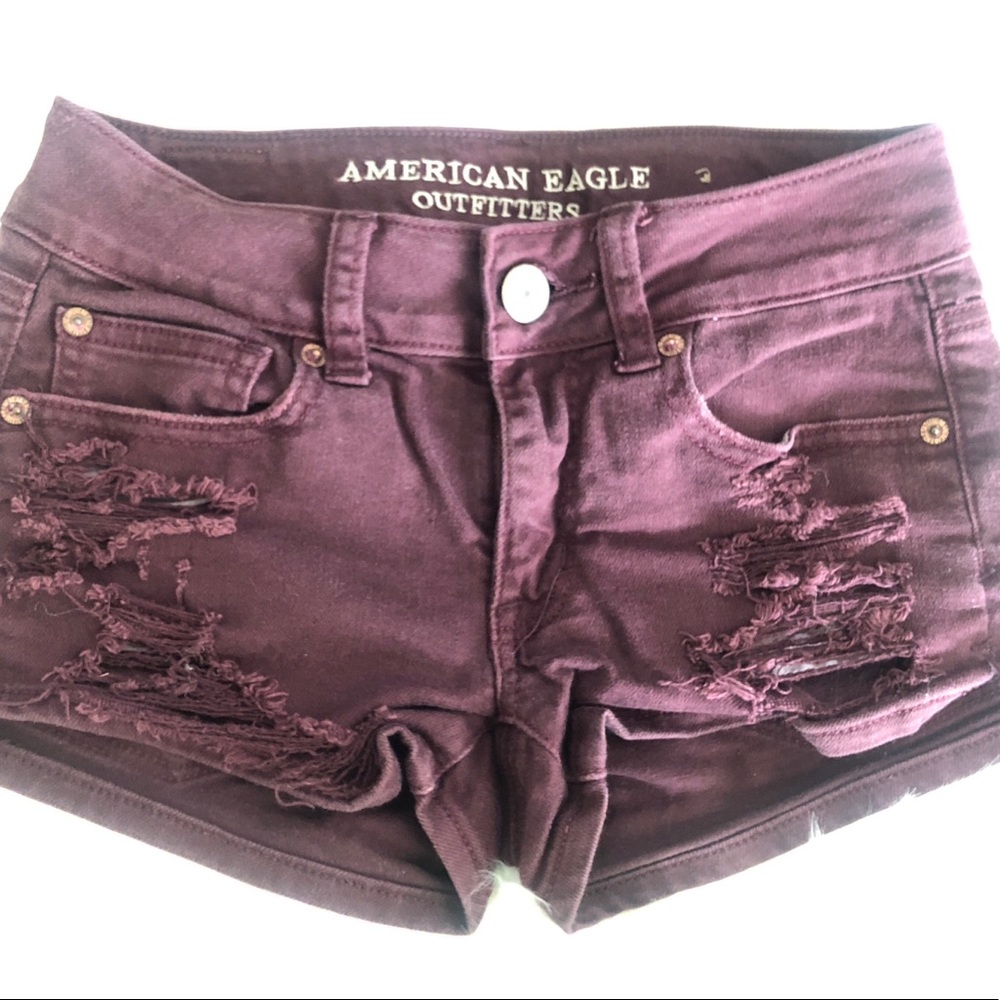 AE burgundy destroyed shorts